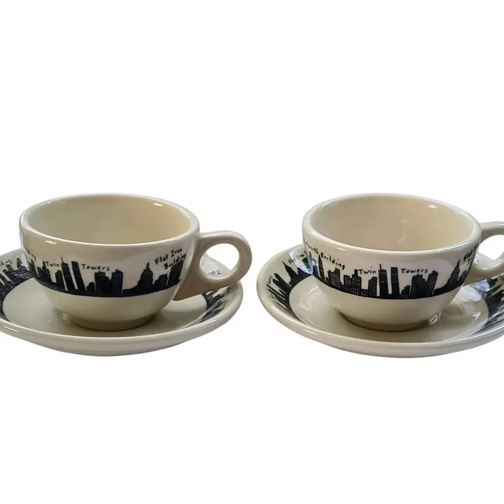 Homer Laughlin Fishs Eddy Cup Saucer Pair New York Skyline